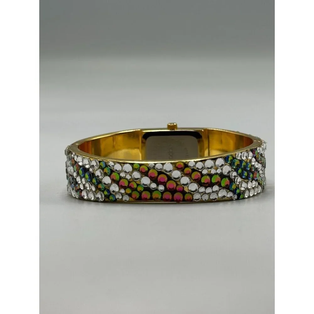 Rhinestone Watch Women Gold Tone Striped Bling Bangle Band New Battery 6.5